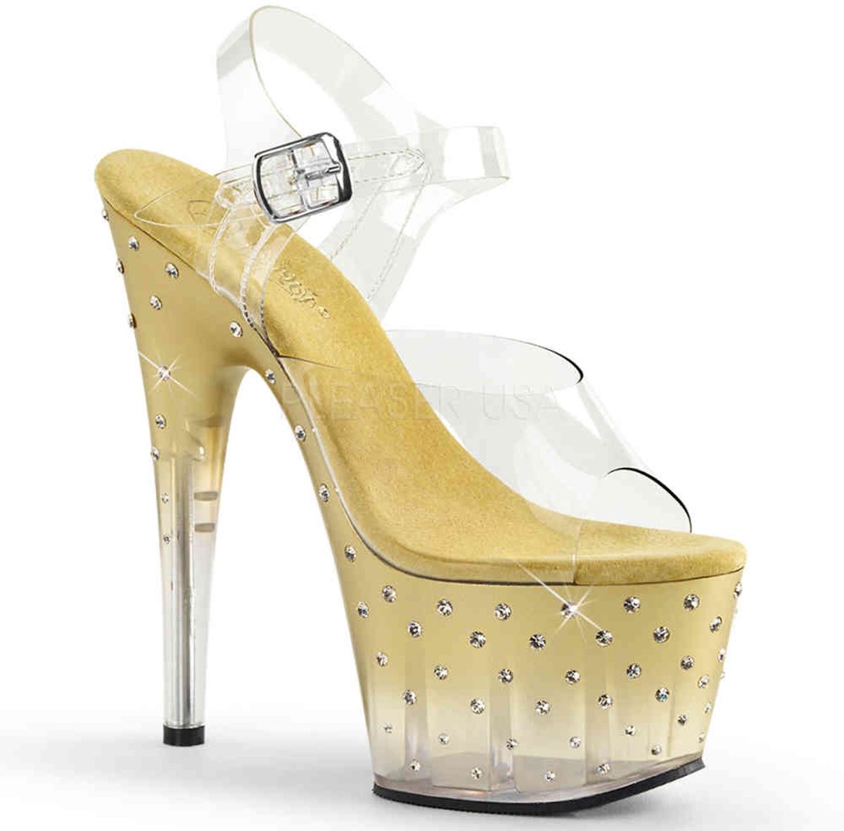 EU 37 = US 7 | STARDUST-708T | 7 Heel, 2 3/4 PF Ankle Strap Sandal w/RS Studded Bottom